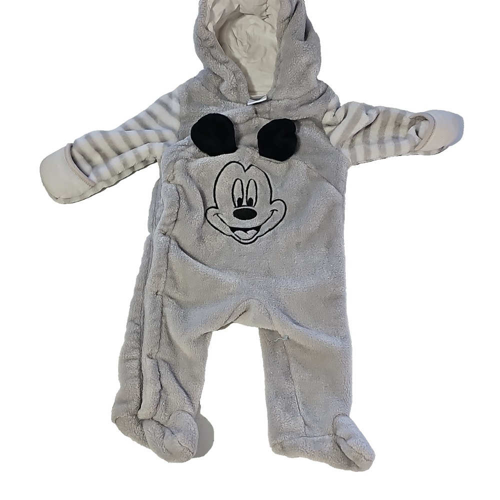 Disney Baby Mickey Mouse Hooded Fleece Coverall One-Piece Gray Striped 0/3M